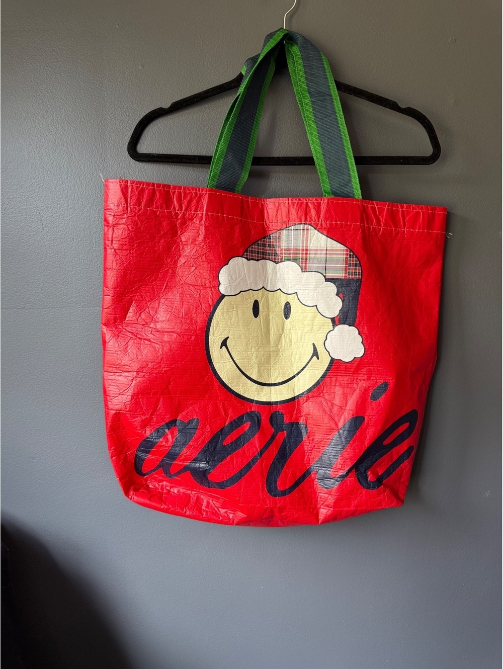 Aerie Red Holiday Tote Bag with Smiley Face and Plaid Santa Hat